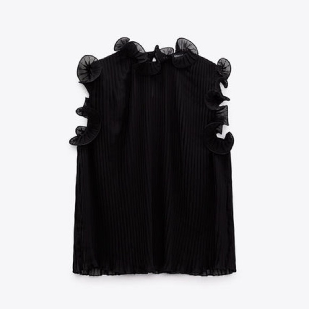 NWT Zara Women's Solid Black Ribbed Mock Neck Short Sleeve Shirt